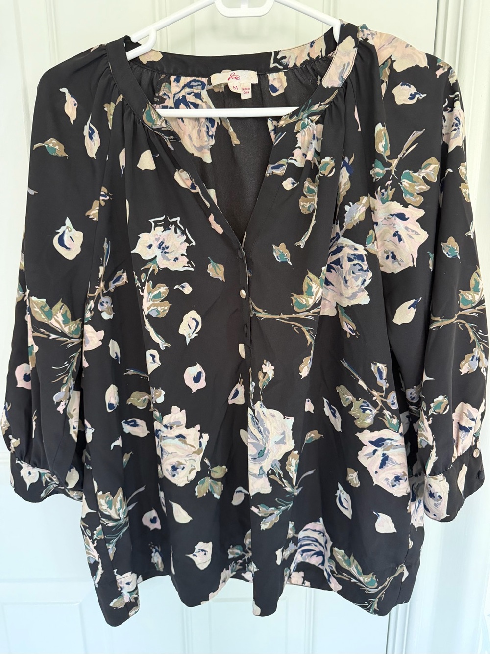 Joie Black Floral V-Neck Blouse with Pale Pink & Green Accents